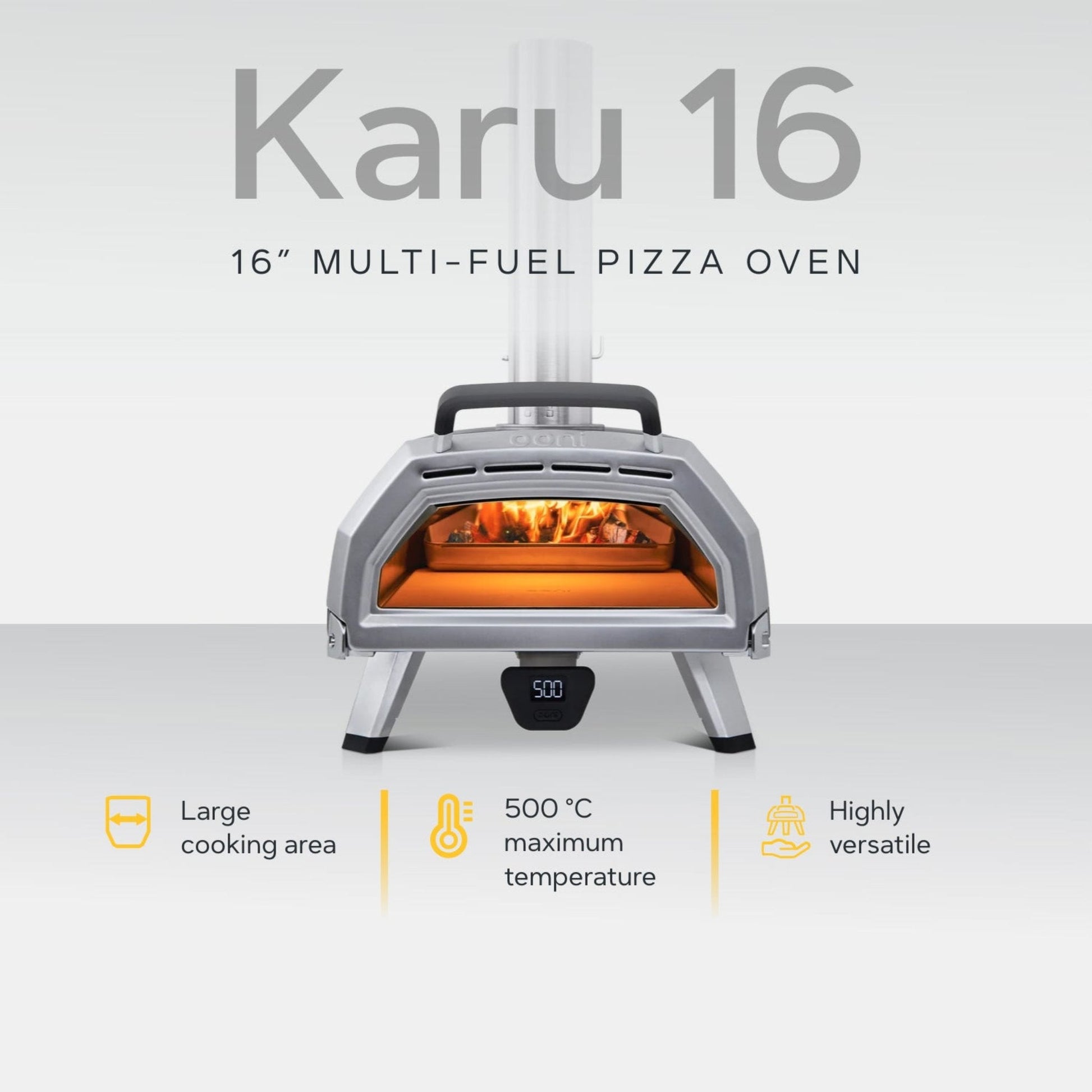 Ooni Karu 16 16" Multi-Fuel Pizza Oven on white background with benefits of oven