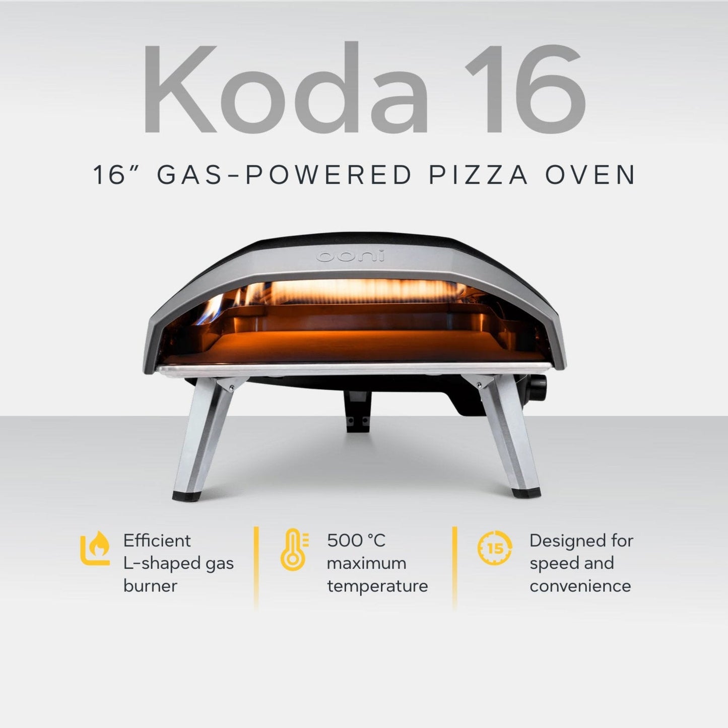 Ooni Koda 16 16" Gas-Powered Pizza Oven with white background and description of key features